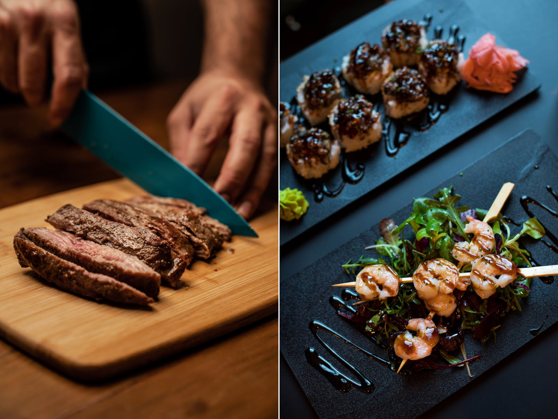 Cutting a steak and prawn skewers